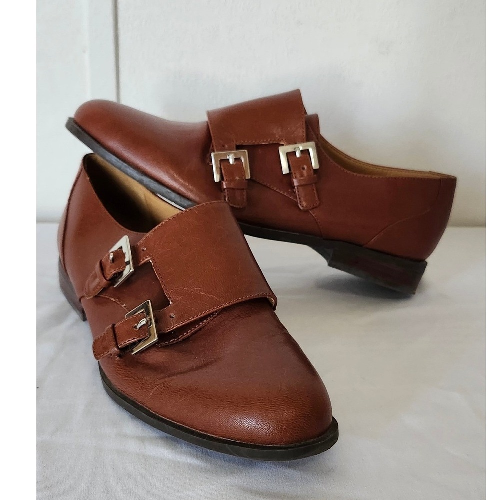 Nine West Toastie Brown Leather Double Monk Strap Loafers 7.5 Dark Academia